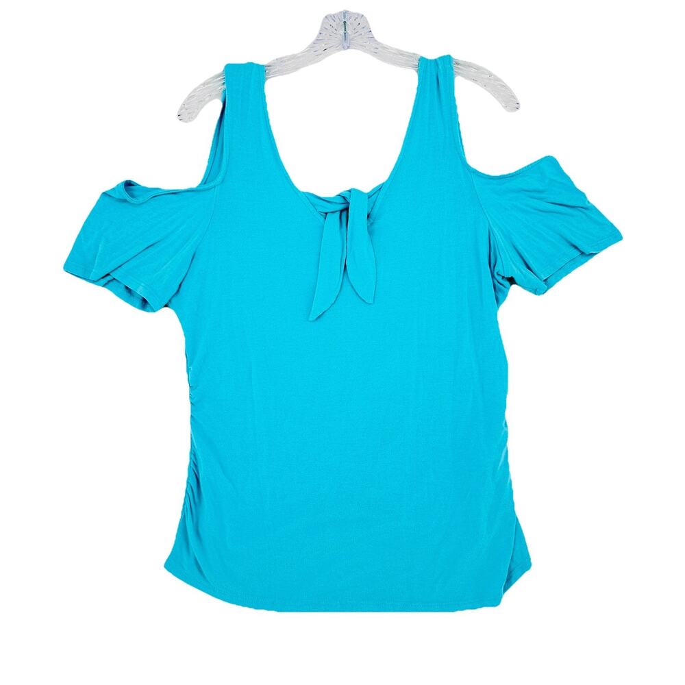 VENUS Cold Shoulder Tie Front Top XL Blue Stretch Ruched USA